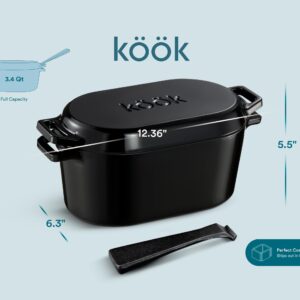 KooK Dutch Oven, Oven for Sourdough Bread Baking, with Lid, Dual Handles, Enameled Cast Iron, includes Lid Lever, Great for Baking Bread, Cooking and Roasting, Dishwasher Safe, 3.4 Qt, Black