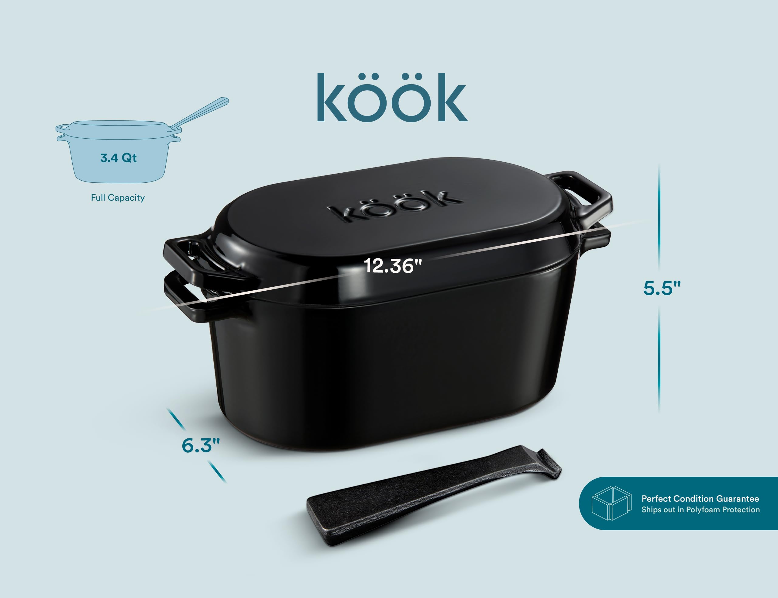 KooK Dutch Oven, Oven for Sourdough Bread Baking, with Lid, Dual Handles, Enameled Cast Iron, includes Lid Lever, Great for Baking Bread, Cooking and Roasting, Dishwasher Safe, 3.4 Qt, Black