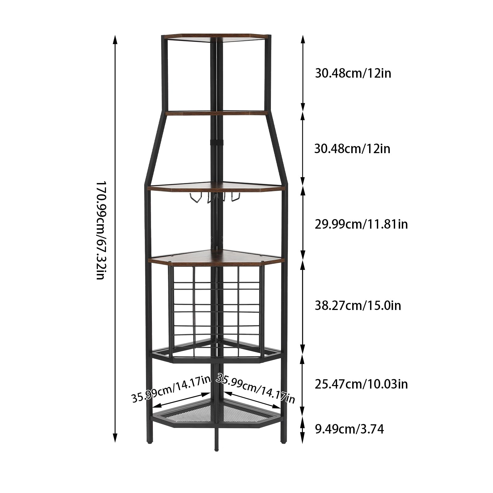 HAPPCUCOE 5 Tier Freestanding Corner Wine Rack,Kitchen Corner Shelf with Glass Holder,Storage Shelf,Storage Organizer for Home Kitchen Dining Room (Brown)