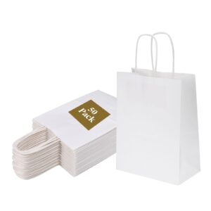 joybe 300 pack 6x3.25x8 inch small white paper bags with handles bulk, kraft paper gift bags for birthday party favors grocery retail shopping business goody merchandise craft blank sacks (300pcs)