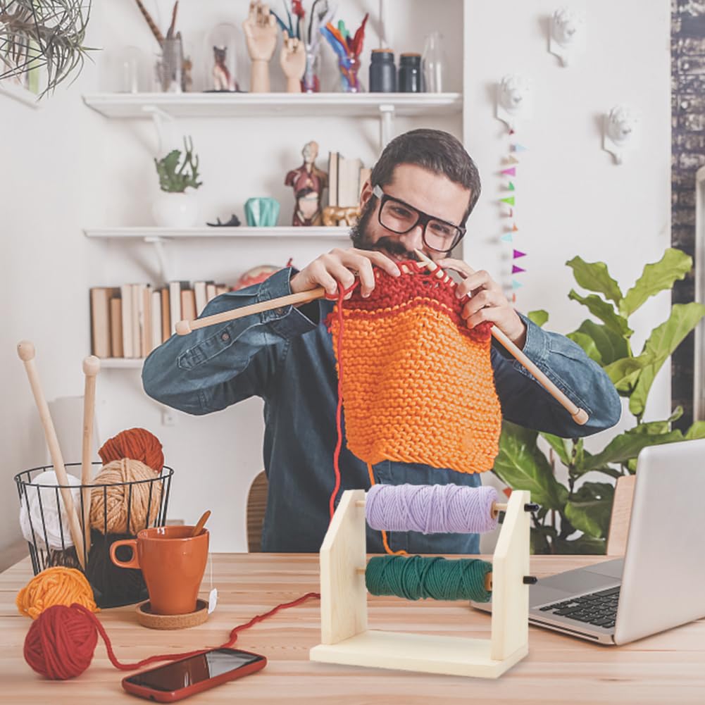 AHANDMAKER Double Revolving Yarn Holder, Handmade Wood Yarn Dispenser Horizontal Yarn Spindle Feeder or Dispenser Yarn Holder Dispenser for Crochet, Craft Supplies for Crochet and Knitting