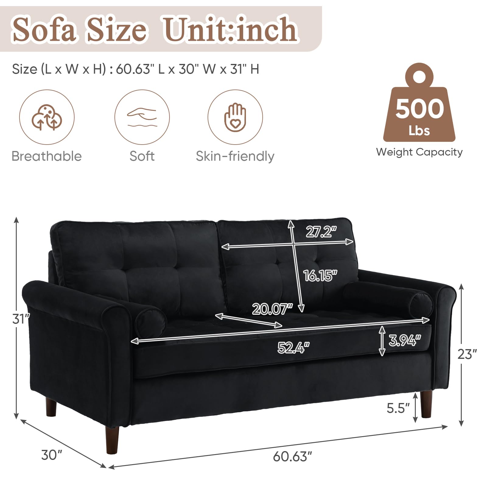 JEEOHEY 60 Inch Small Couch, Mid-Century Modern Velvet Upholstered Loveseat Sofa Furniture for Small Space, Living Room, Bedroom, 2 Pillows, Rolled Arm, Comfy Seat & Back Cushion, Black