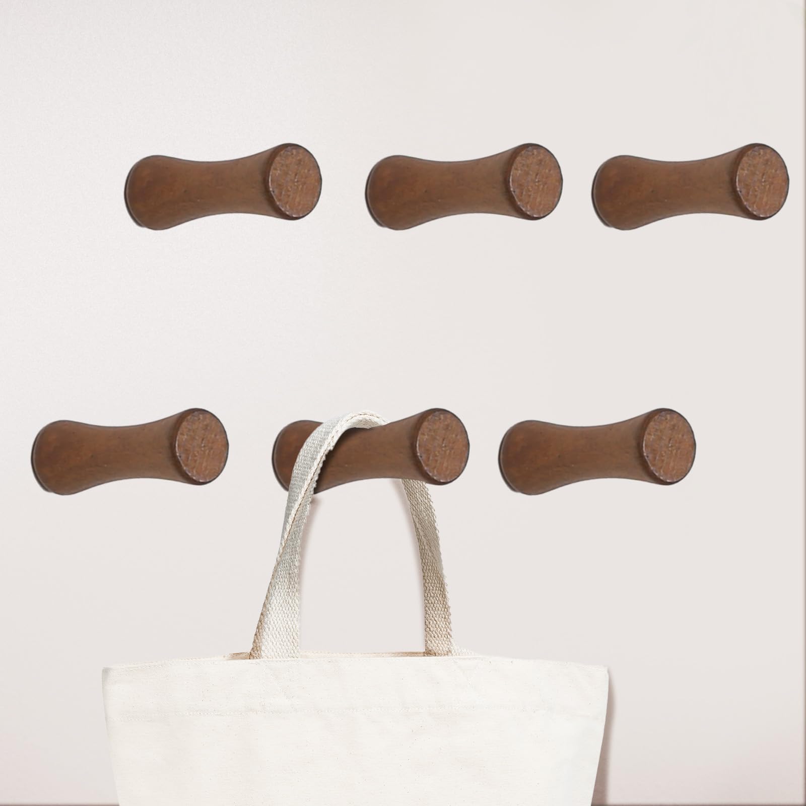 HYBDAMAI Natural Wooden Wall Mounted Hooks (2 Ways,Walnut,6 Packs), Single Coat Hat Rack Wall Mount,for Hanging Coat Towel Cap Bag Purses Jacket Backpack