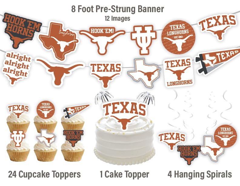 Texas Party Supplies (42 Pieces) for University of Texas Graduation, Tailgating and Birthday Party Decorations with Texas Longhorns Banner and UT Austin Cupcake Toppers Decorations (Texas Longhorns)