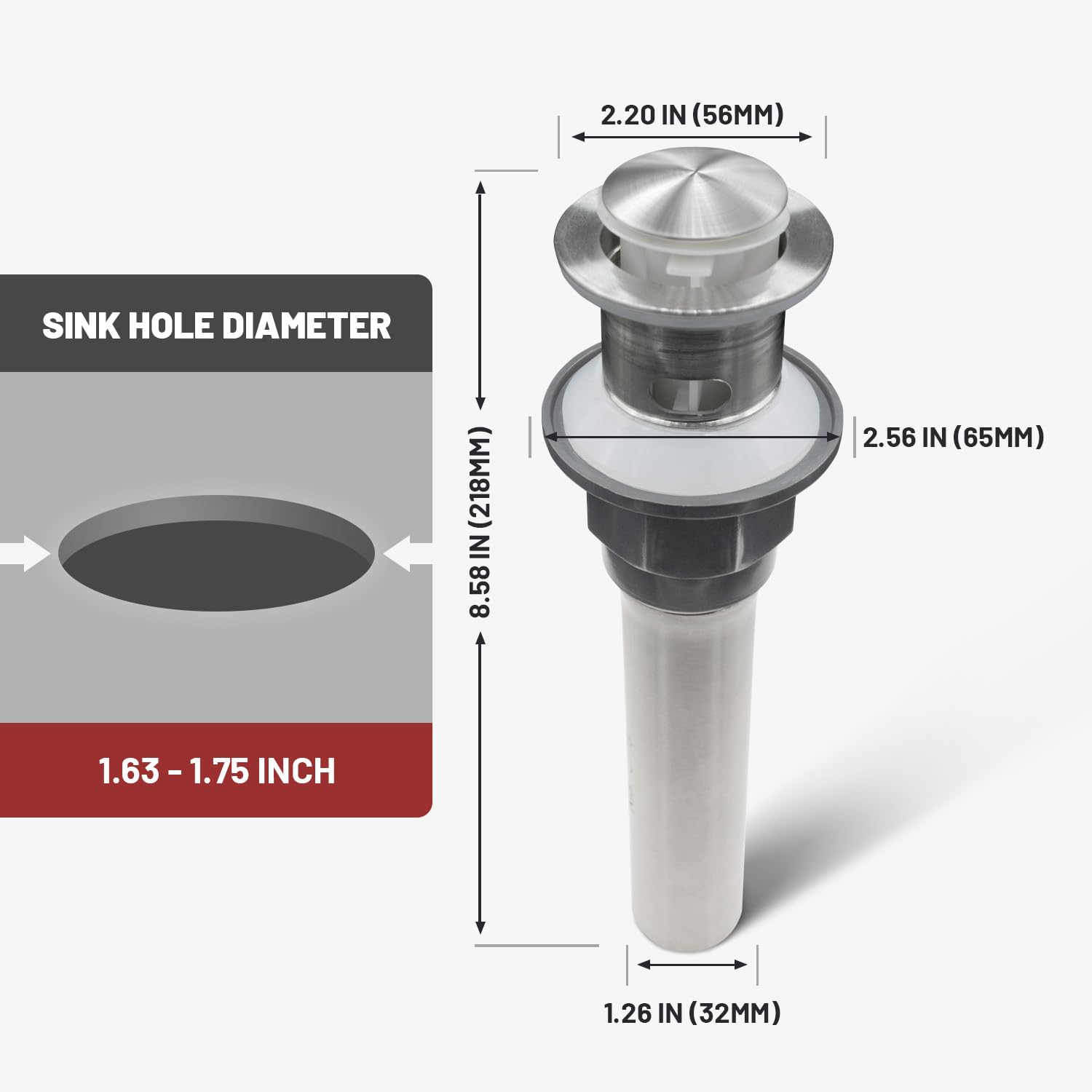 Pop Up Drain Stopper with Overflow, Stainless Steel - Rust Proof, Detachable Cap, Durable, Anti-Clogging Drain, Easy to Install, Pop-Up Drain Stopper for Bathroom and Kitchen Sink, Made in Korea