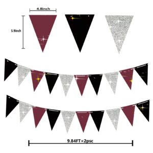 Graduation Decorations Maroon Black 2024/Burgundy Black Graduation Party Decorations/Burgundy Silver Black Triangle Banners 2pcs for Maroon Black Birthday Party Decorations Bridal Shower/Wedding