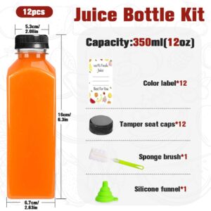 ztarraum 12pcs 12oz Plastic Juice Bottles, Reusable Juice Containers with Black Tamper Proof Lids, Brush, Funnel and Labels, Clear Juice Containers for Juicing, Smoothie and Homemade Beverages