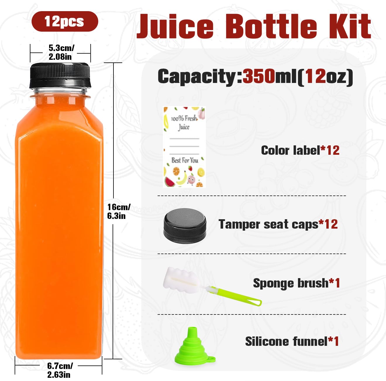 ztarraum 12pcs 12oz Plastic Juice Bottles, Reusable Juice Containers with Black Tamper Proof Lids, Brush, Funnel and Labels, Clear Juice Containers for Juicing, Smoothie and Homemade Beverages