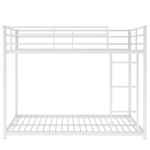 BOVZA Full Over Full Metal Bunk Bed, Low Bunk Bed with Built-in Ladder for Kids Teens Girls Boys, White