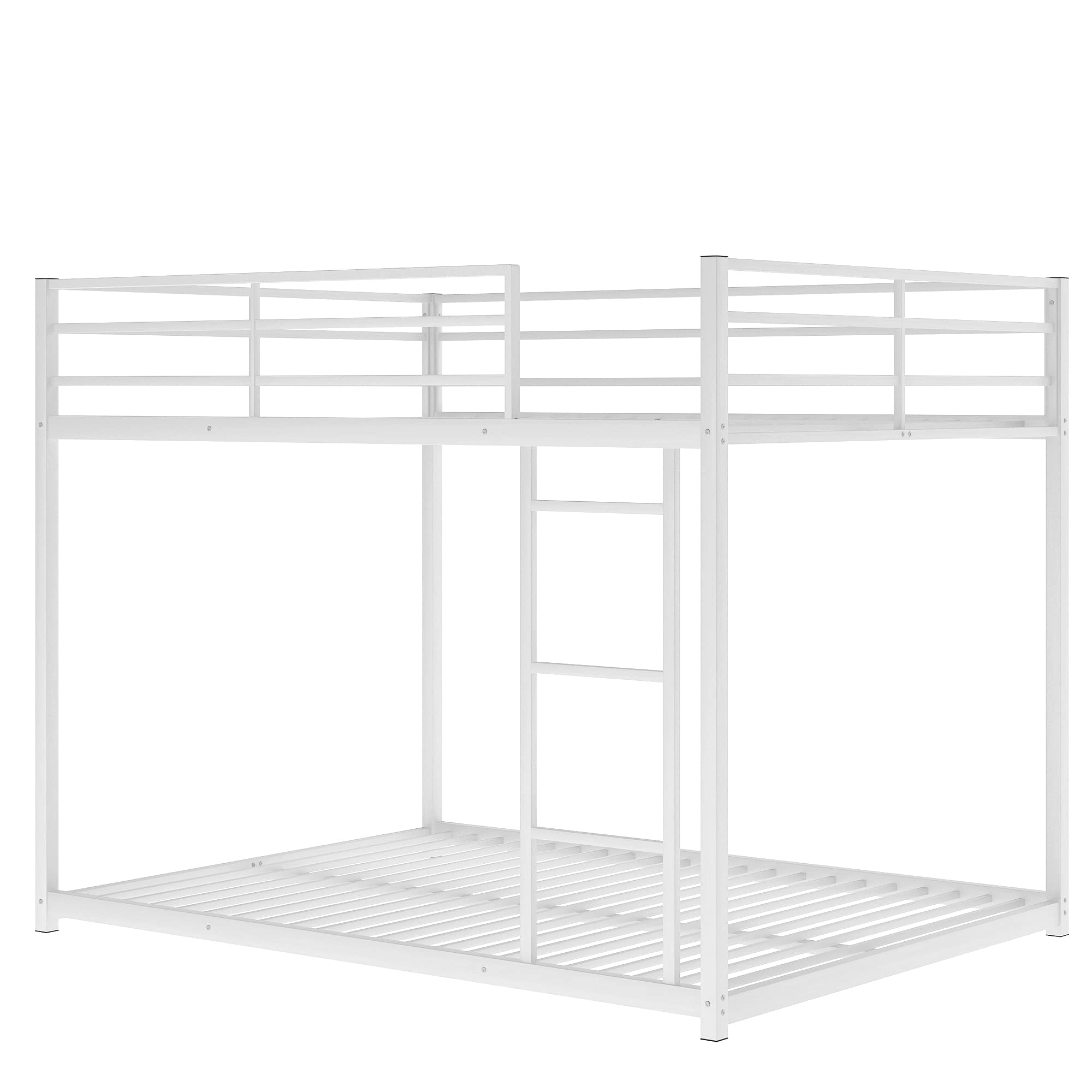 BOVZA Full Over Full Metal Bunk Bed, Low Bunk Bed with Built-in Ladder for Kids Teens Girls Boys, White