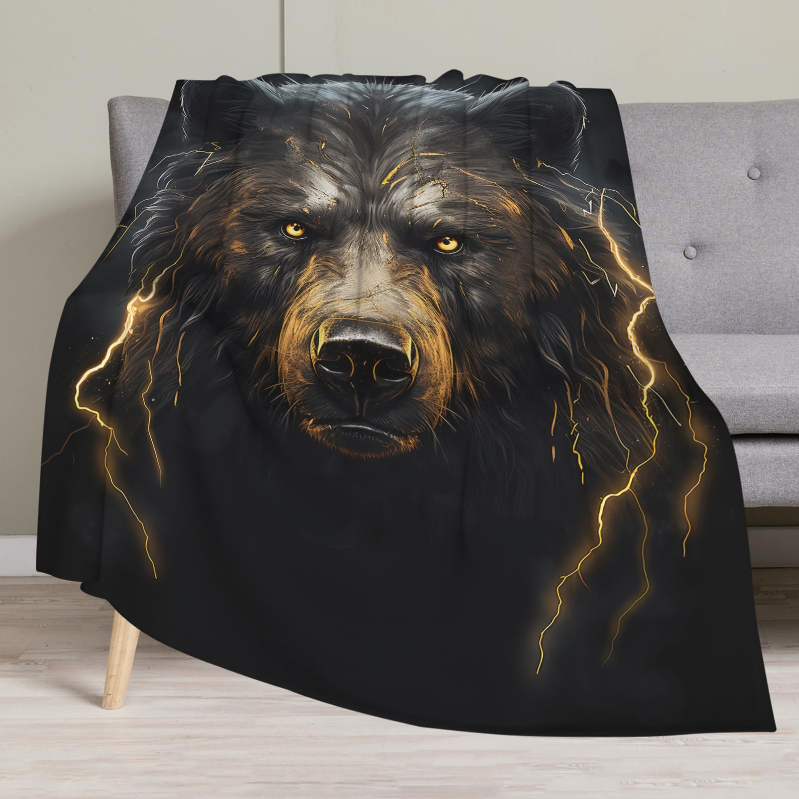 Huke Bear Gifts Blanket, Cool Black Gold Fire Lightning Bear Blanket, Bear Gifts for Adults/Kids/Students, Cool Animal Print Throw Blanket, Plush Bear Throw Blanket,60"X50"