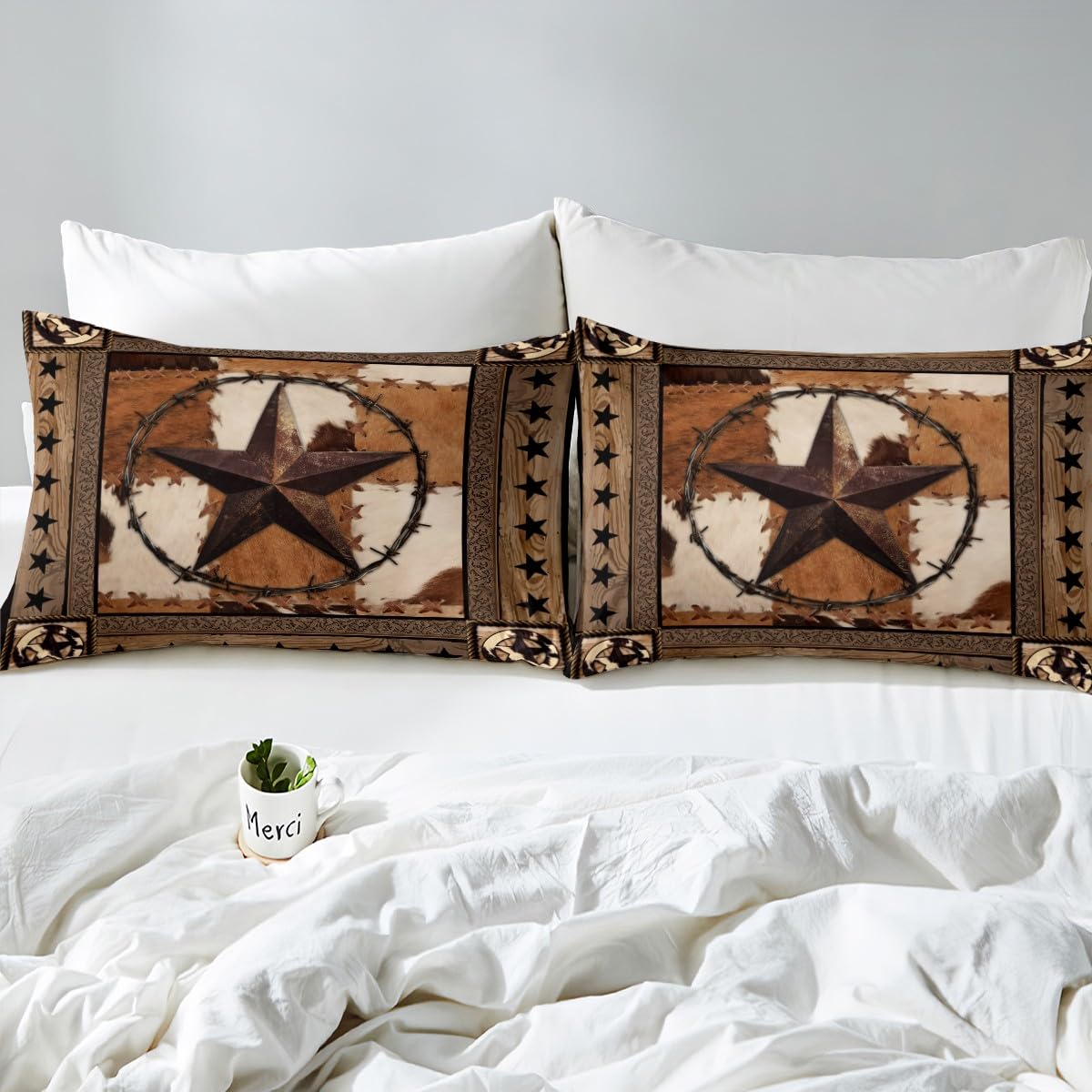 Western Texas Star Kids Duvet Cover Set King Size,Cow Fur Wooden Plank Bedding Set,Boys Girls Adults Room Decor,Rustic Farmhouse Western Cowboy Comforter Cover,Brown Retro Quilt Cover,2 Pillowcases