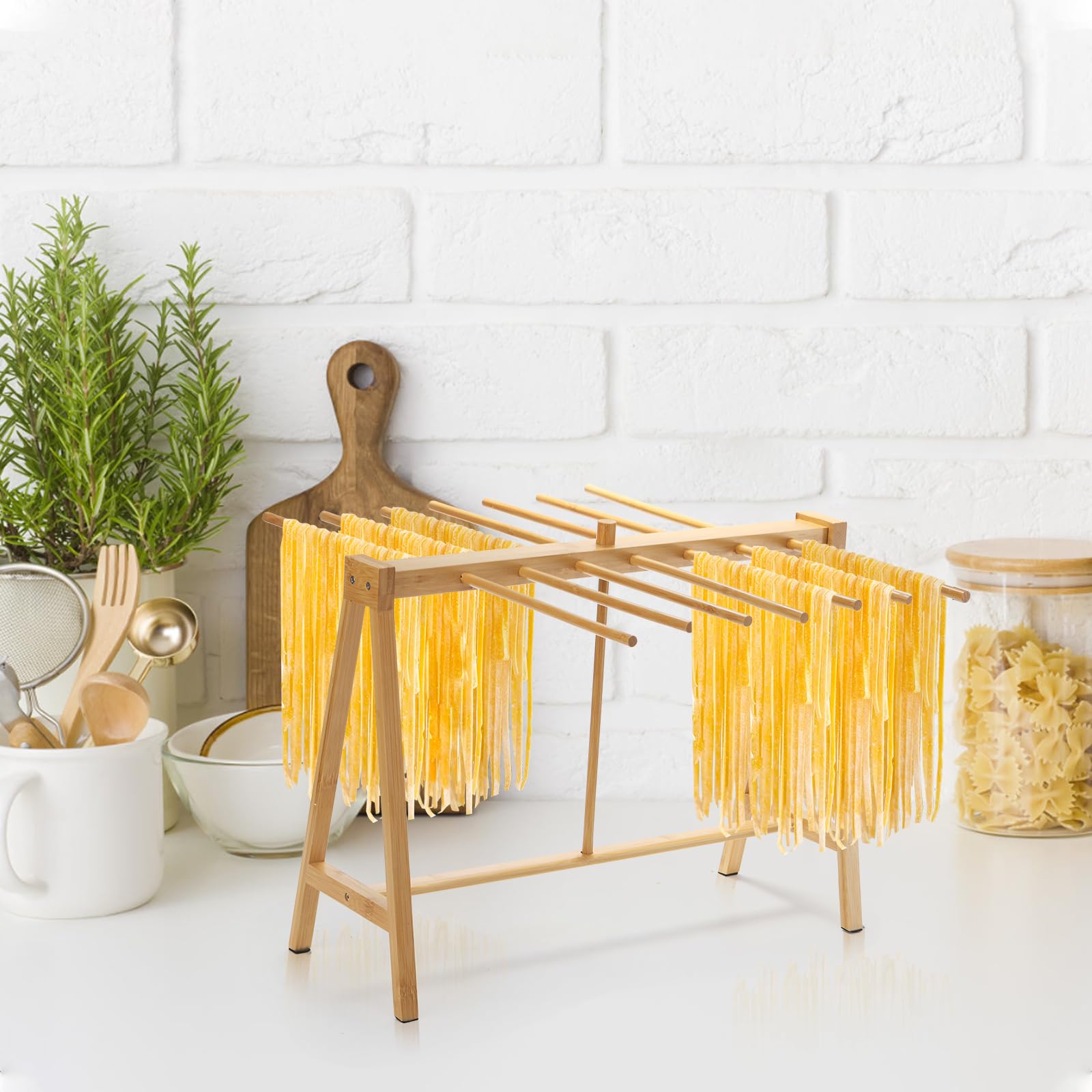 Pumtus Bamboo Pasta Drying Rack, Noodle Dryer Stand with Transfer Wand and 14 Bars, Stable Household Spaghetti Hanger, Lasagna Noodle Drying Rack for Kitchen and Cooking