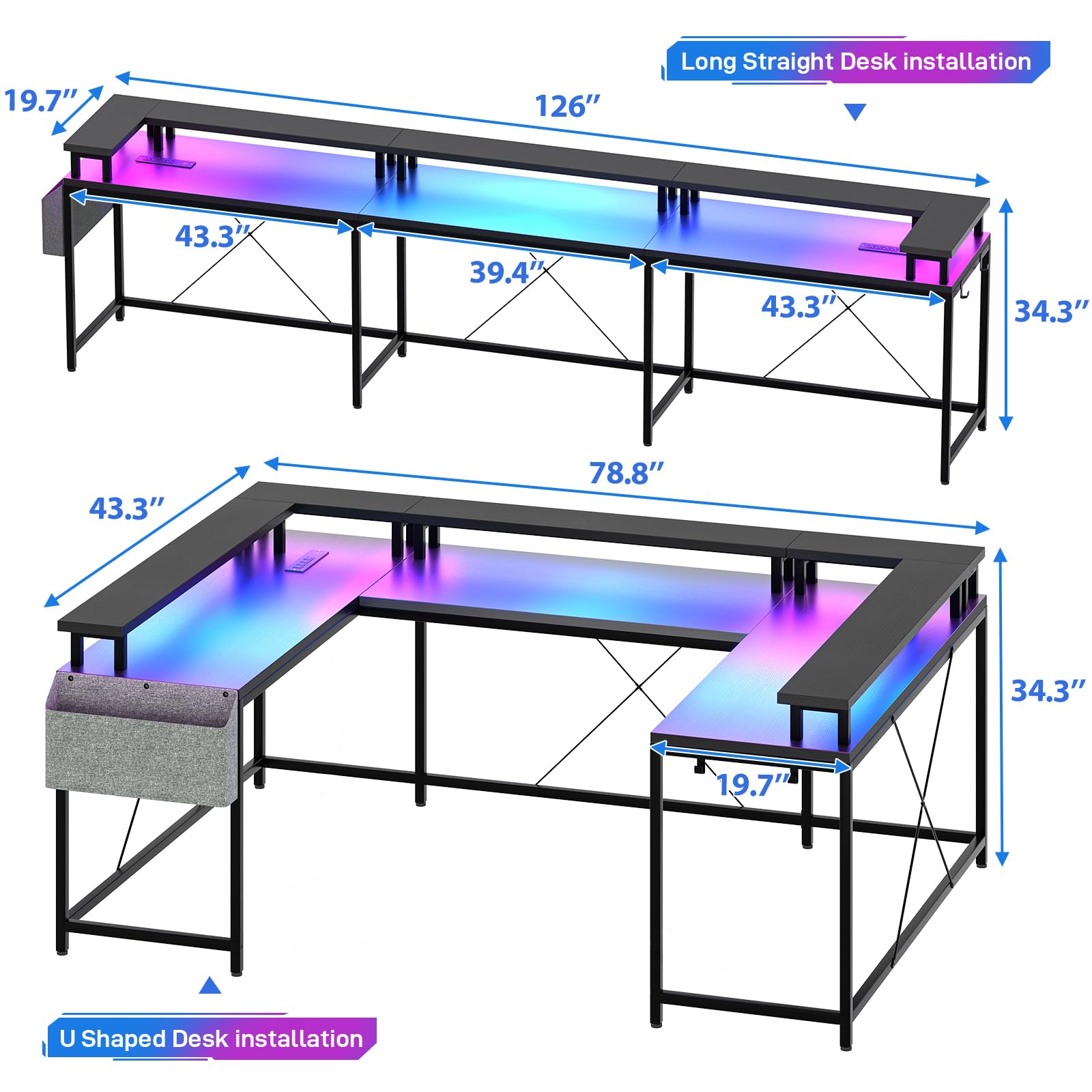 Jojoka U Shaped Computer Gaming Desk, Reversible L Shaped Desk with Power Outlets, LED Strip & Monitor Stand, Large Corner Desk with Storage Shelves for Home Office, Black