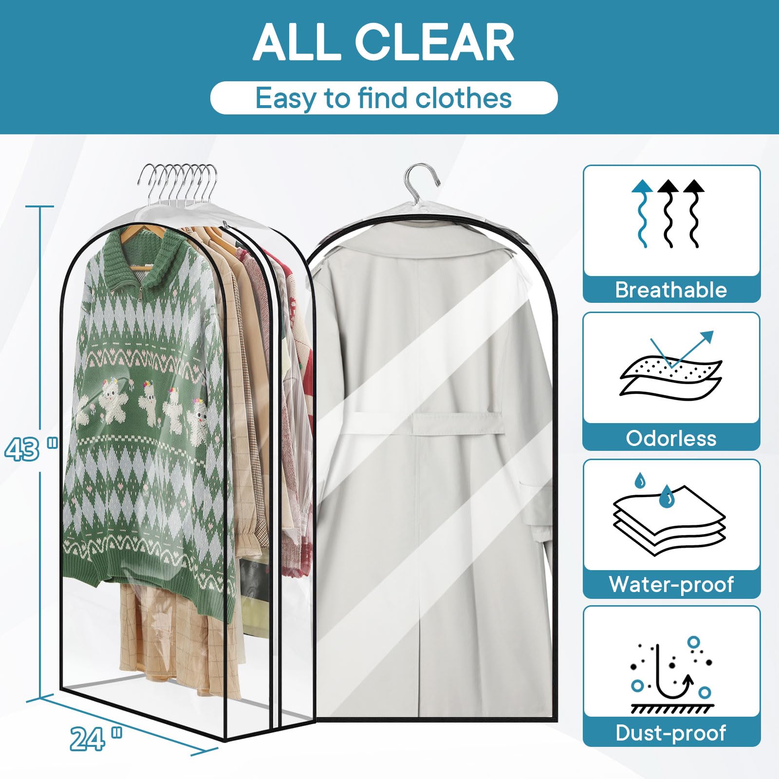 3 Pack - Moucas 10" Gusseted All Clear Garment Bag, 43" Suit Bags for Closet Storage, Garment Bags for Hanging Clothes, Garment Covers with Side Zipper for Coats, Jackets, Shirts