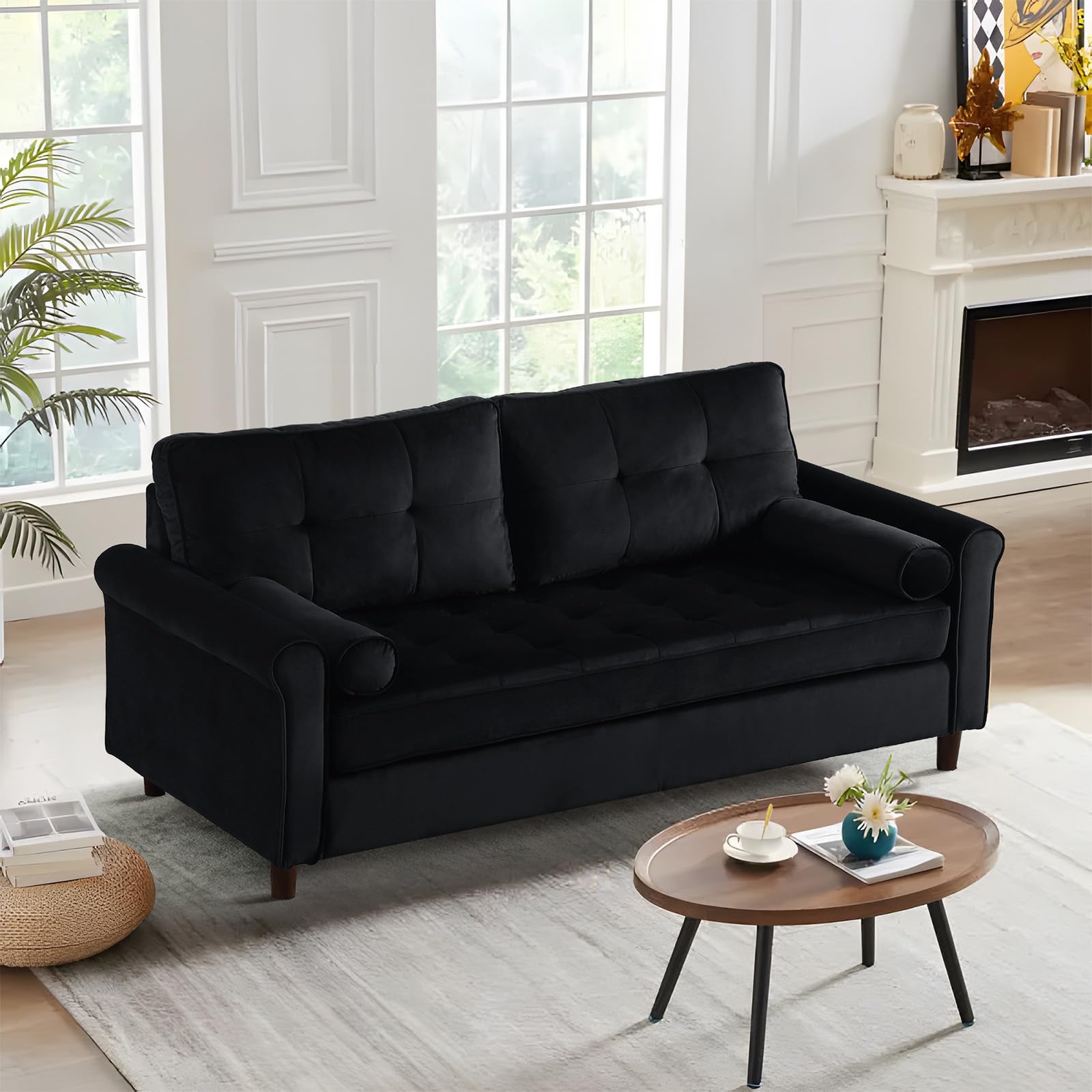 JEEOHEY 60 Inch Small Couch, Mid-Century Modern Velvet Upholstered Loveseat Sofa Furniture for Small Space, Living Room, Bedroom, 2 Pillows, Rolled Arm, Comfy Seat & Back Cushion, Black