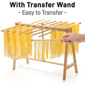 Pumtus Bamboo Pasta Drying Rack, Noodle Dryer Stand with Transfer Wand and 14 Bars, Stable Household Spaghetti Hanger, Lasagna Noodle Drying Rack for Kitchen and Cooking