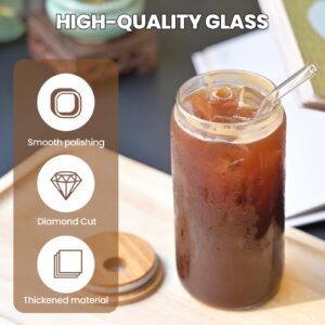 [ 8-Piece Set ] Bamboo Lid Glass Drinking Glasses with Glass Straw - 16-ounce Can Shaped Glassware for Beer, Iced Coffee, Cocktails, Whiskey, and More, Perfect for Cocktails, Whiskey, and Gifting