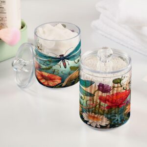 2 Pack Qtip Holder Dispenser with Lids, Dragonfly Flowers Floral Plastic Storage Containers,Bathroom Canisters Organizer for Cotton Ball, Cotton Swab, Cotton Round Pads, Floss 21214450