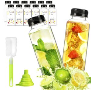 ztarraum 12pcs 12oz plastic juice bottles, reusable juice containers with black tamper proof lids, brush, funnel and labels, clear juice containers for juicing, smoothie and homemade beverages