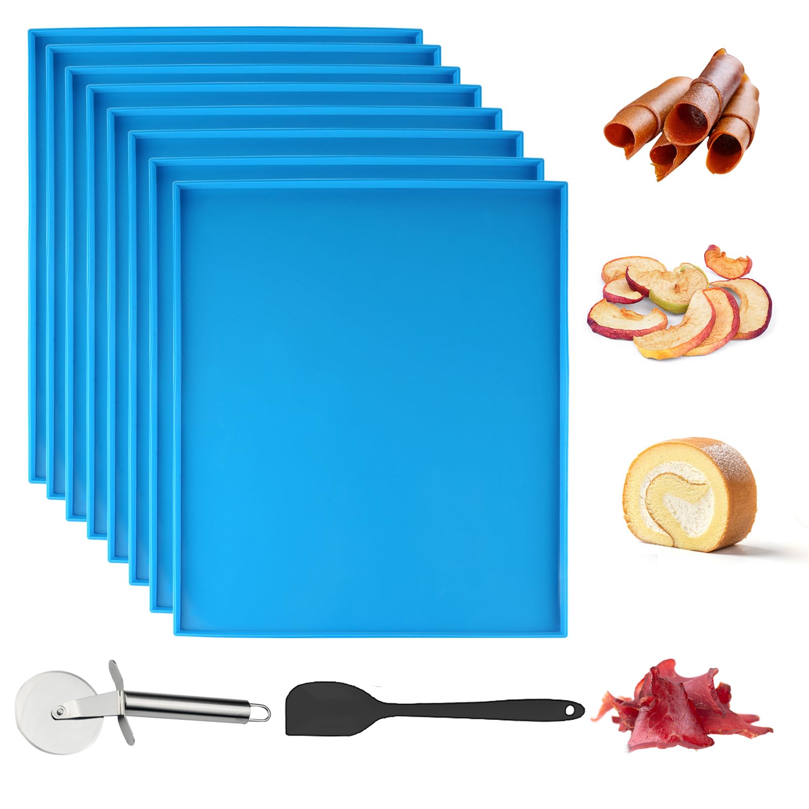 8PCS Silicone Dehydrator Trays with Edge Fruit Leather Trays 12 x 10 Inch Non-stick Dehydrator Mats with Silicone Scraper Cutter Wheel for Fruit Vegetables Meat Herbs and Liquid