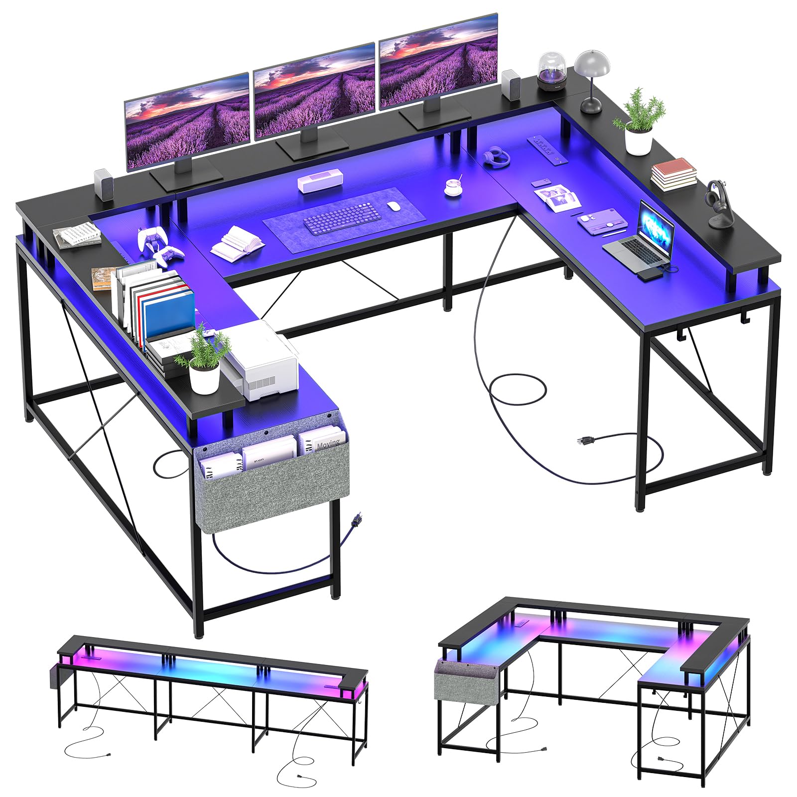 Jojoka U Shaped Computer Gaming Desk, Reversible L Shaped Desk with Power Outlets, LED Strip & Monitor Stand, Large Corner Desk with Storage Shelves for Home Office, Black