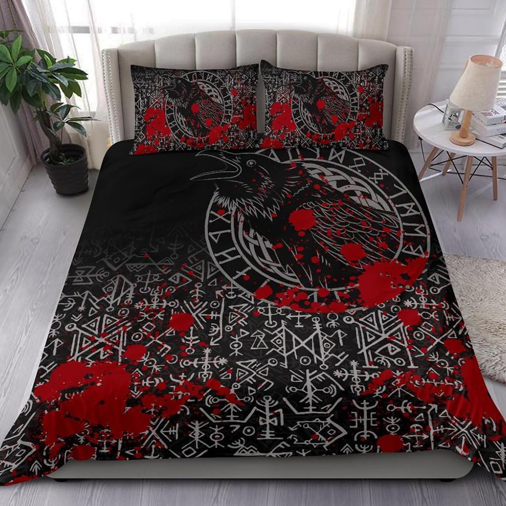 WDBAYXH Viking Raven Bedding Set -3 Pieces Duvet Cover Set, Novelty Norse 3D Print Zipper Quilt Cover Set and Pillowcases, Soft Microfiber Home Textile,Raven,King