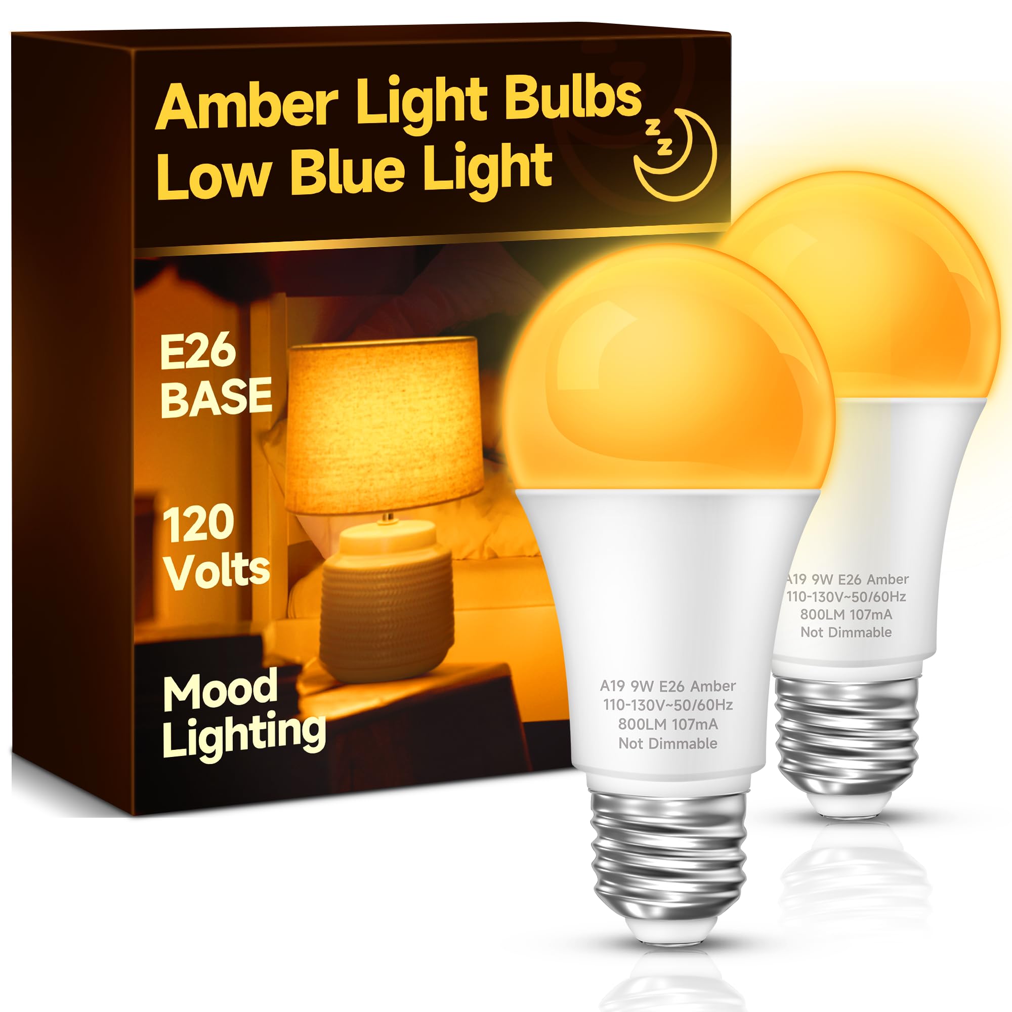 UNILAMP Sleep aid Light Bulb, 9W Amber Warm Light Bulbs 1800K, Blue Light Blocking Dim Light Bulbs 60W Equivalent, Mood Soothing Light, E26 for Bedroom and Baby Nursery Light, 2 Pack