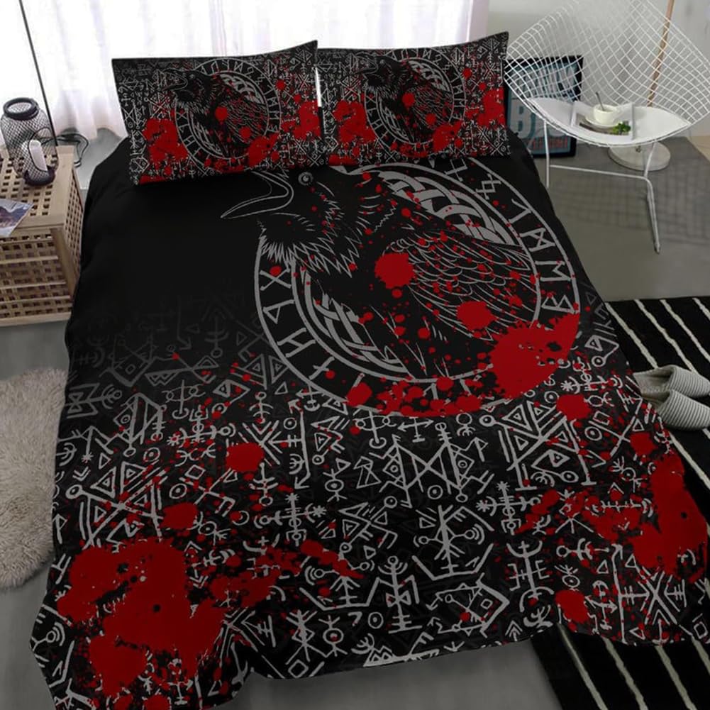 WDBAYXH Viking Raven Bedding Set -3 Pieces Duvet Cover Set, Novelty Norse 3D Print Zipper Quilt Cover Set and Pillowcases, Soft Microfiber Home Textile,Raven,King