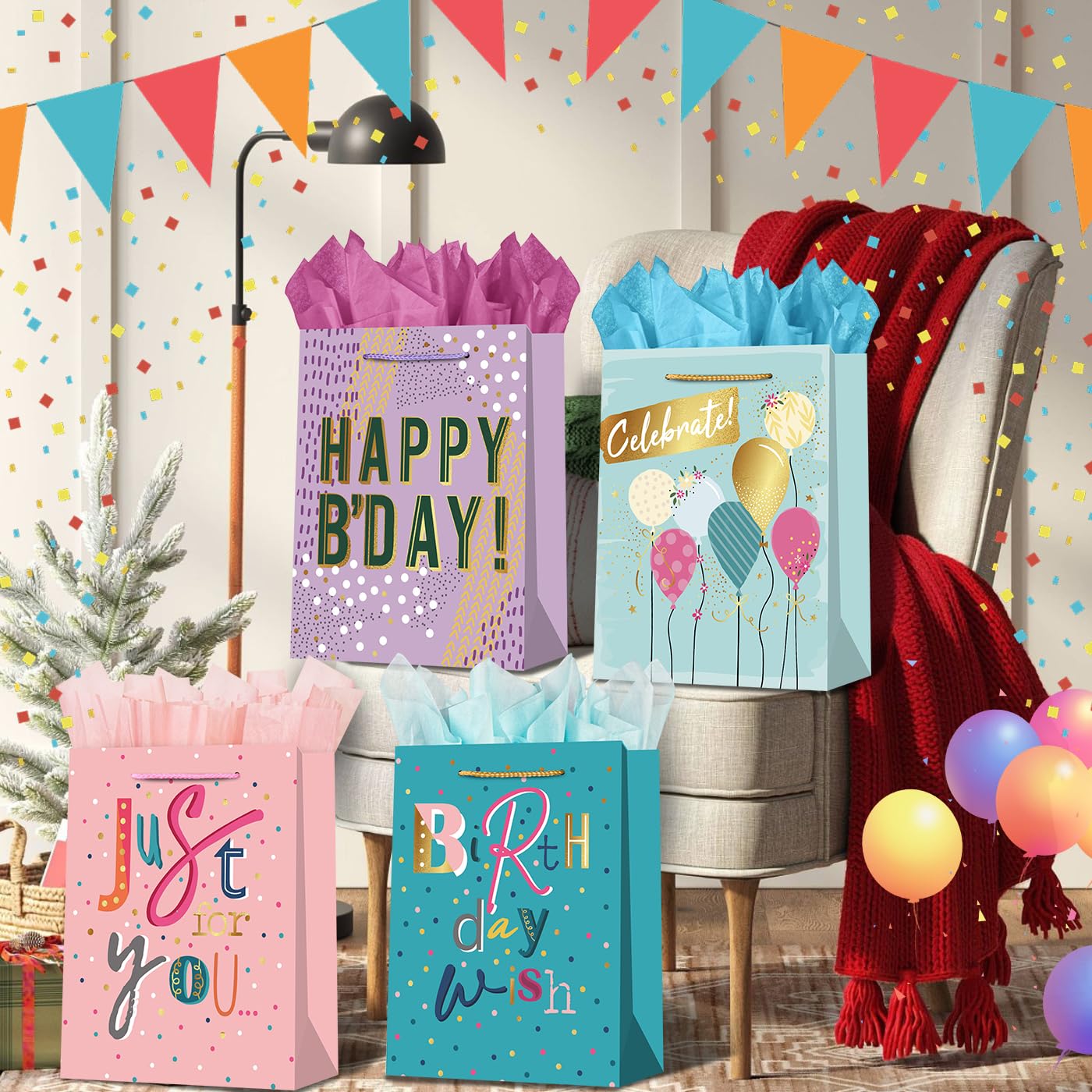 WLUSEAXI 4Pack Birthday Gift Bag with Tissue Paper,12.6×4.7×10.2 Inch Large Birthday Gift Bag with Handles,Happy Birthday Bags for Girls,Boys,Kids,Women’s Birthdays Party