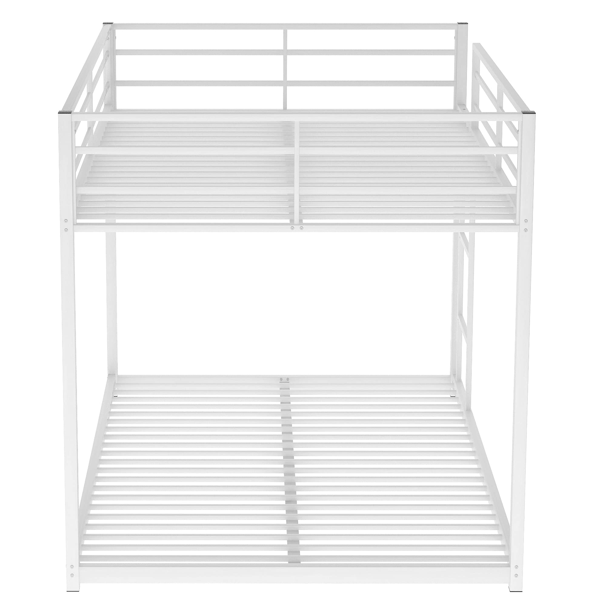 BOVZA Full Over Full Metal Bunk Bed, Low Bunk Bed with Built-in Ladder for Kids Teens Girls Boys, White