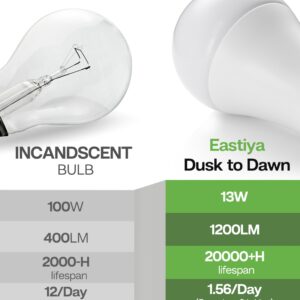 Eastiya Dusk to Dawn Sensor LED Outdoor Light Bulb, Daylight White 5000K, A19 13W(100 Watt Equivalent) Bright Porch Lighting, 1200LM, Auto-On/Off Photocell Sensor for Garage Yard Patio Garden-4 Pack