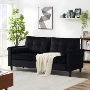 JEEOHEY 60 Inch Small Couch, Mid-Century Modern Velvet Upholstered Loveseat Sofa Furniture for Small Space, Living Room, Bedroom, 2 Pillows, Rolled Arm, Comfy Seat & Back Cushion, Black