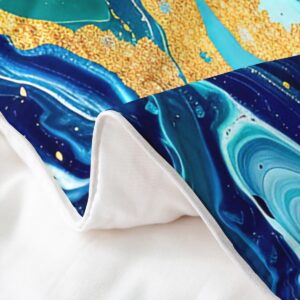 100% Organic Cotton Blue Marble Bedding Set Gold Glitter Fluid Art Duvet Cover Set Abstract Exotic Trippy Comforter Cover for Boys Girls Iridescent Marble Home Decor,Queen Size