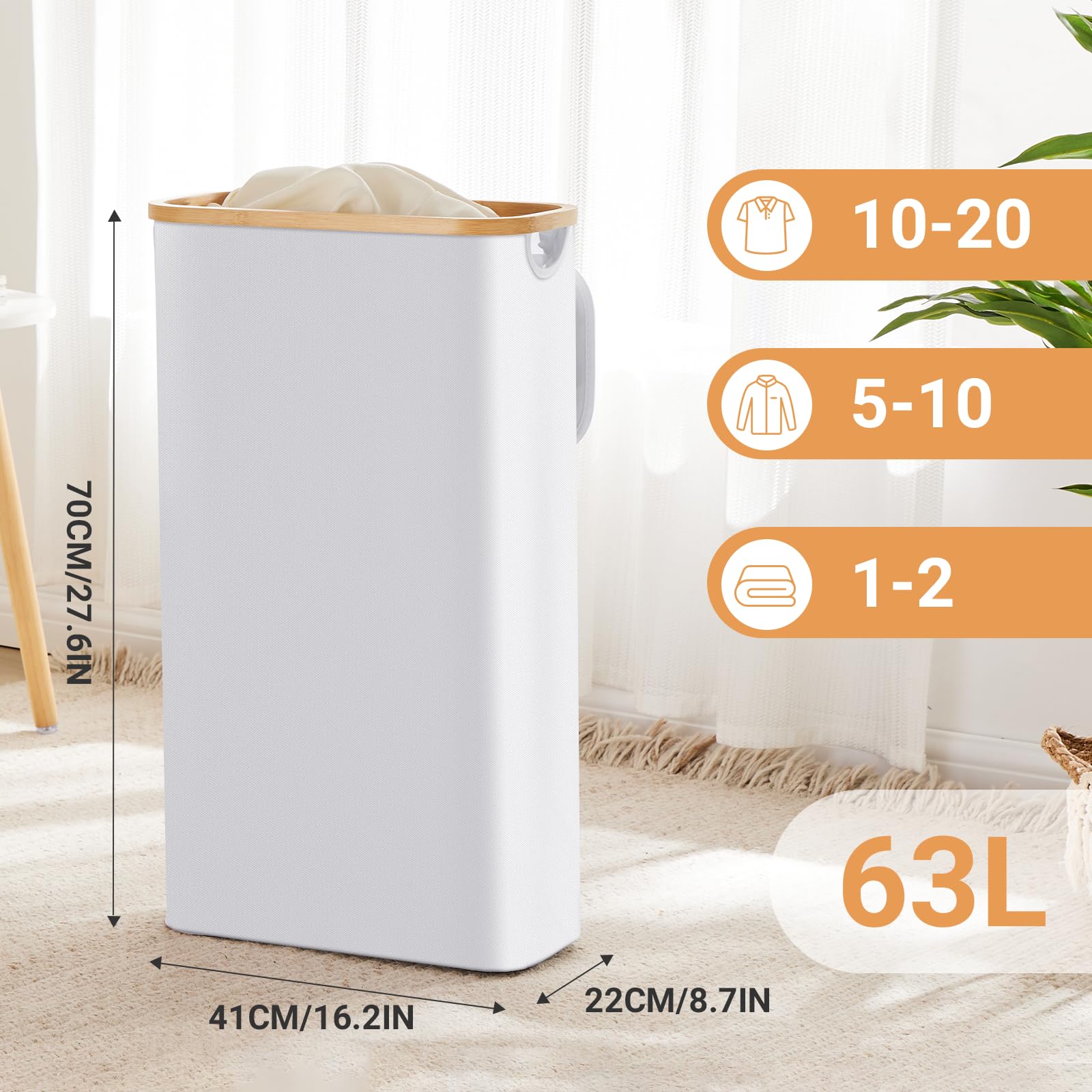 Fiona's magic Slim Laundry Hamper with Lid, 63L Narrow Laundry Basket with Removable Bag, White Collapsible Dirty Clothes Basket, Thin Tall Storage Basket for Bathroom, Bedroom