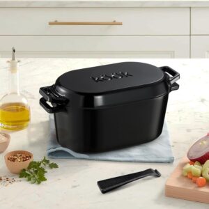 KooK Dutch Oven, Oven for Sourdough Bread Baking, with Lid, Dual Handles, Enameled Cast Iron, includes Lid Lever, Great for Baking Bread, Cooking and Roasting, Dishwasher Safe, 3.4 Qt, Black