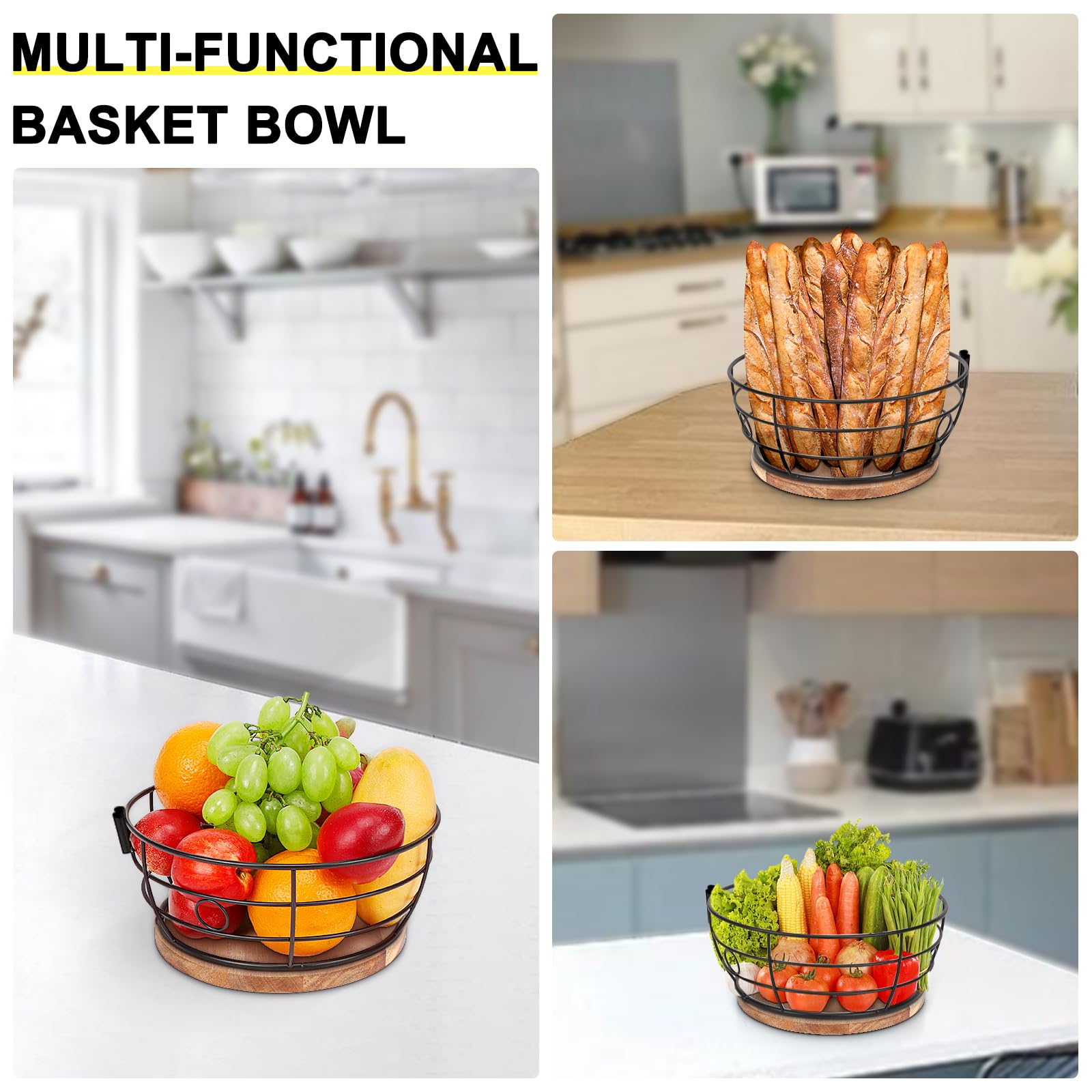 Livabber Countertop Fruit Basket Bowl with Banana Hanger, Modern Standing Fruit Vegetable Bowl Storage, with Banana Tree Holder for Kitchen Dinning Table (Round Wood, Black)