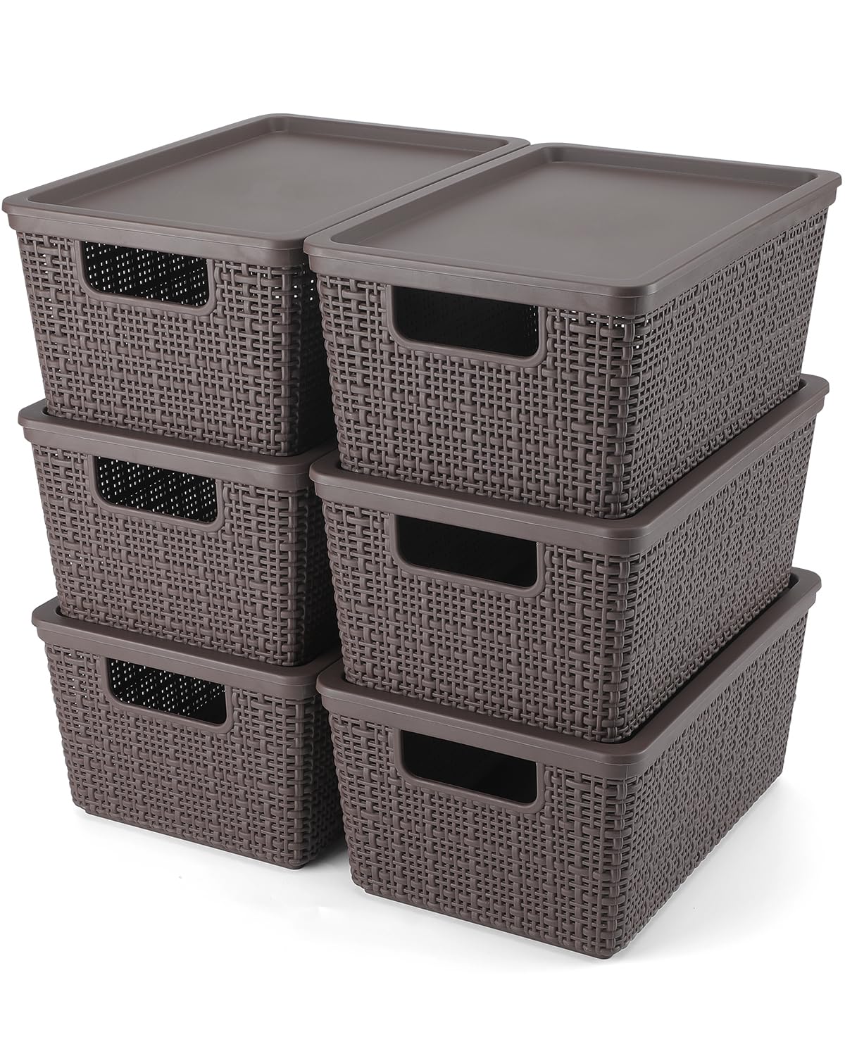 EOENVIVS Plastic Storage Baskets with Lids Kitchen Organizers and Storage Containers Organizer Bins Small Baskets for Shelves Drawers Desktop Closet Playroom Classroom Office, Brown, 6 Pack