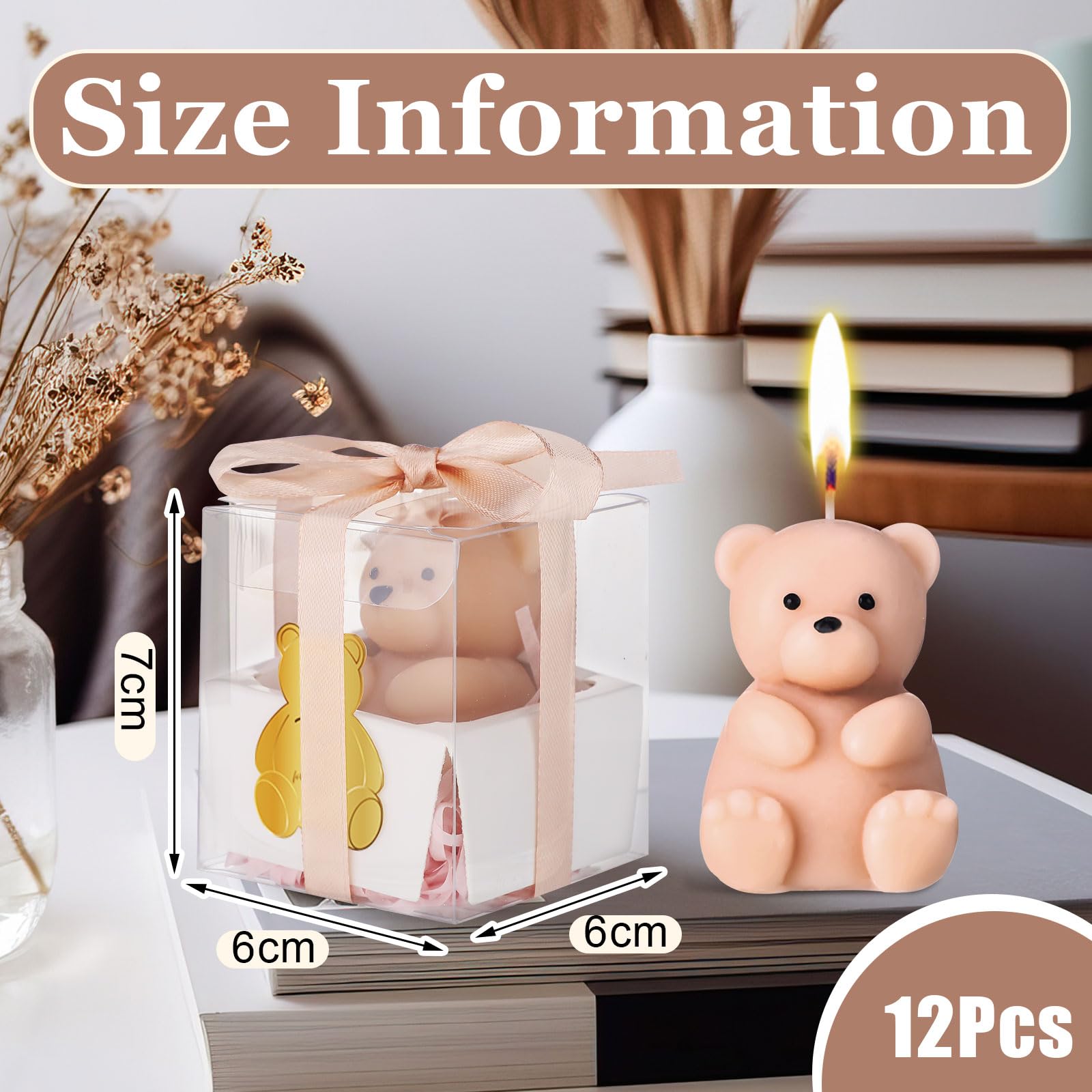 MTLEE 36 Pcs Baby Shower Favors Includes 12 Bear Candles with 12 Bear Shaped Acrylic Cards and 12 Clear Gift Boxes Filled with Raffia Grass for Baby Shower Gifts Birthday Gift Wedding(Pink)