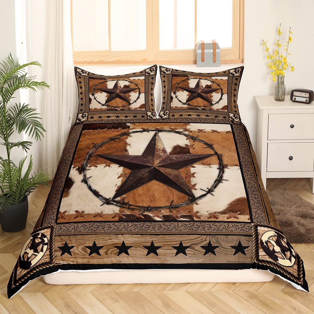 Western Texas Star Kids Duvet Cover Set King Size,Cow Fur Wooden Plank Bedding Set,Boys Girls Adults Room Decor,Rustic Farmhouse Western Cowboy Comforter Cover,Brown Retro Quilt Cover,2 Pillowcases