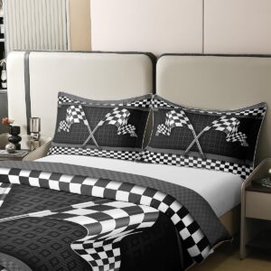 Castle Fairy 100% Nature Cotton Race Car Themed Duvet Cover Set Stripes Geometric Honeycomb Comforter Cover Set Twin Size with 1 Pillowcase Black White Checkered Flag Print Bedding Set