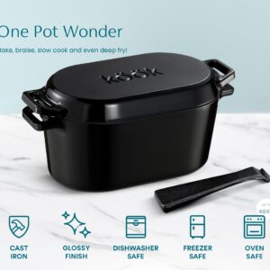 KooK Dutch Oven, Oven for Sourdough Bread Baking, with Lid, Dual Handles, Enameled Cast Iron, includes Lid Lever, Great for Baking Bread, Cooking and Roasting, Dishwasher Safe, 3.4 Qt, Black