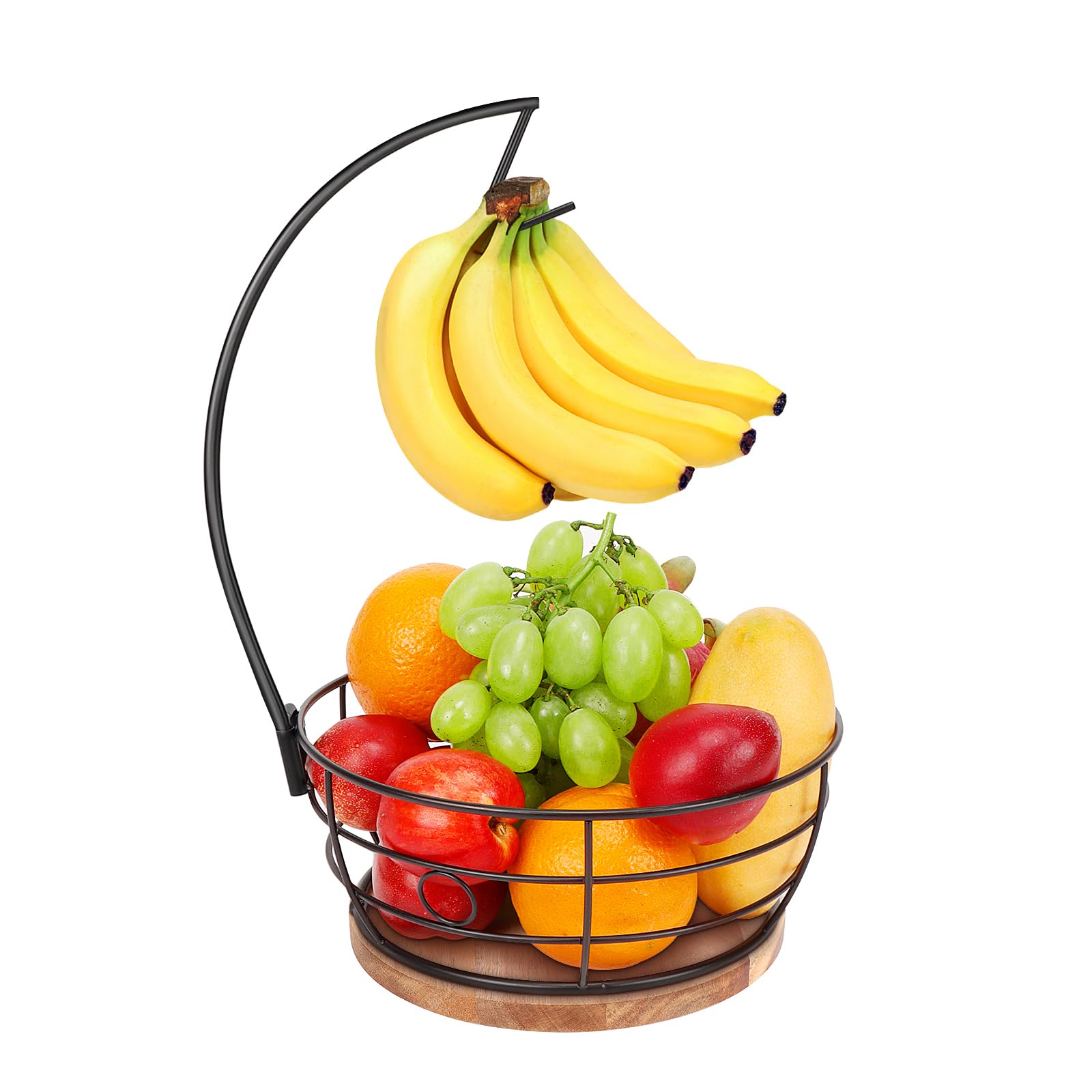 Livabber Countertop Fruit Basket Bowl with Banana Hanger, Modern Standing Fruit Vegetable Bowl Storage, with Banana Tree Holder for Kitchen Dinning Table (Round Wood, Black)