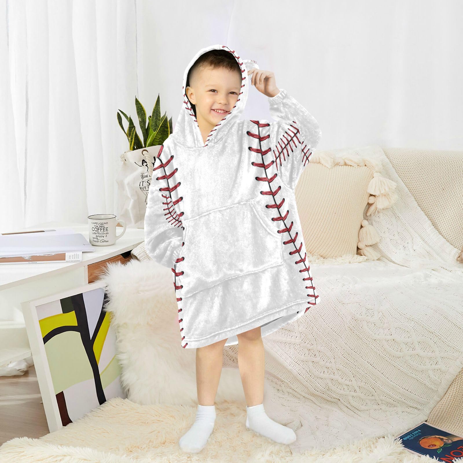 YETTASBIN Baseball Seams Wearable Blanket Hoodie for Kids, Oversized Soft Cozy Flannel Sweatshirt Blanket with Pocket