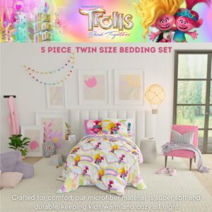 Franco DreamWorks Trolls 3 Band Together Kids 5 Piece Bedding Super Soft Reversible Comforter and Sheet Set with Sham, Twin, (Officially Licensed Product)