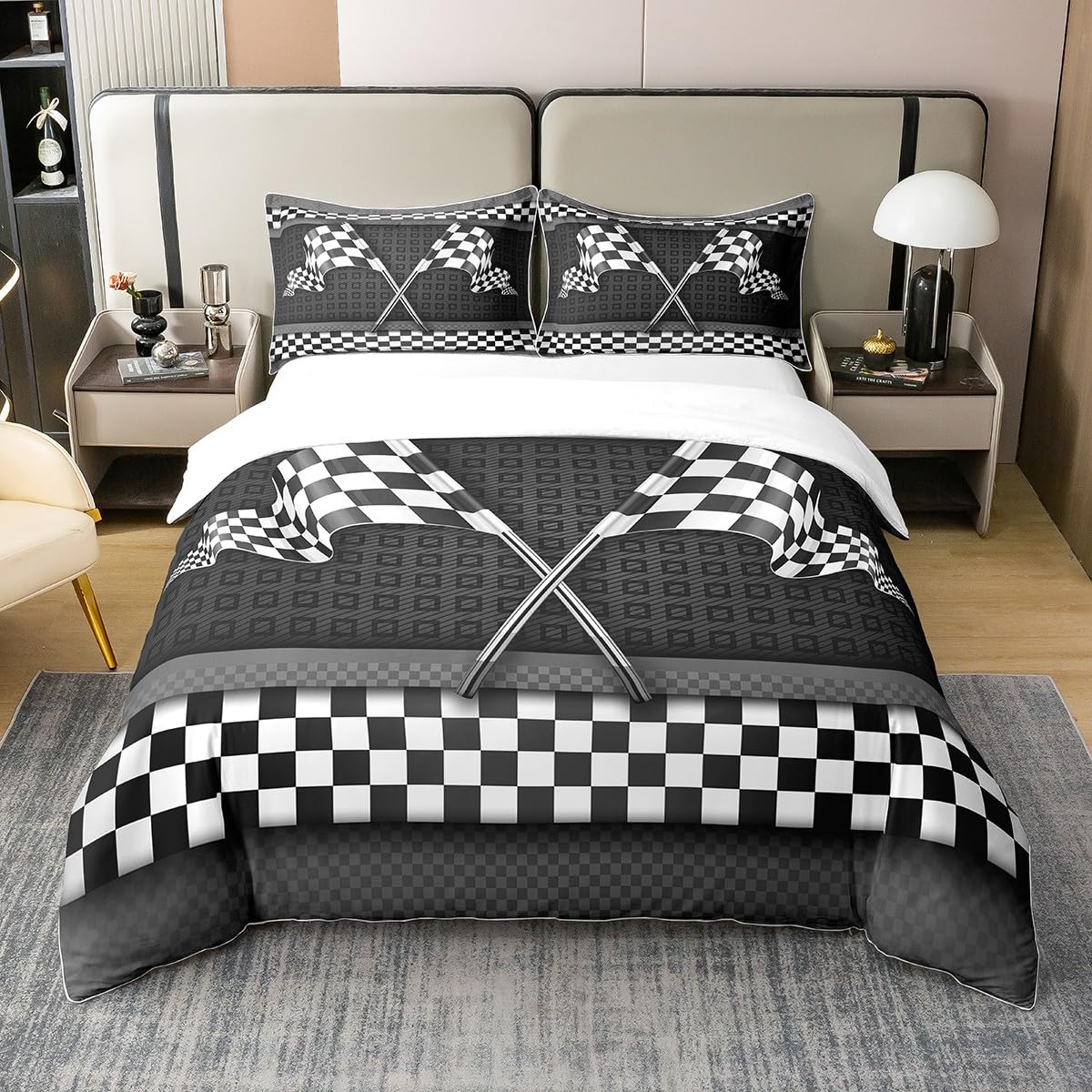 Castle Fairy 100% Nature Cotton Race Car Themed Duvet Cover Set Stripes Geometric Honeycomb Comforter Cover Set Twin Size with 1 Pillowcase Black White Checkered Flag Print Bedding Set