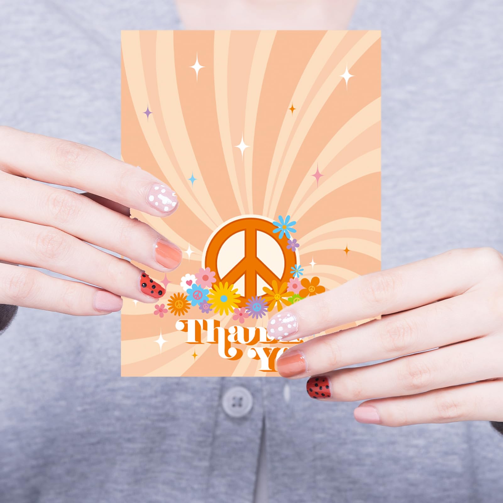 Qpout 24 Pack Groovy Retro Hippie Thank You Cards Boho Rainbow Flower Greeting Cards with White Envelops and Matching Sealing Stickers for Thanksgiving Birthday Thank You Theme Party Supplies