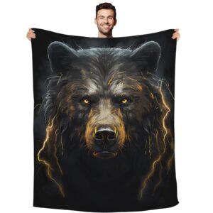 huke bear gifts blanket, cool black gold fire lightning bear blanket, bear gifts for adults/kids/students, cool animal print throw blanket, plush bear throw blanket,60"x50"