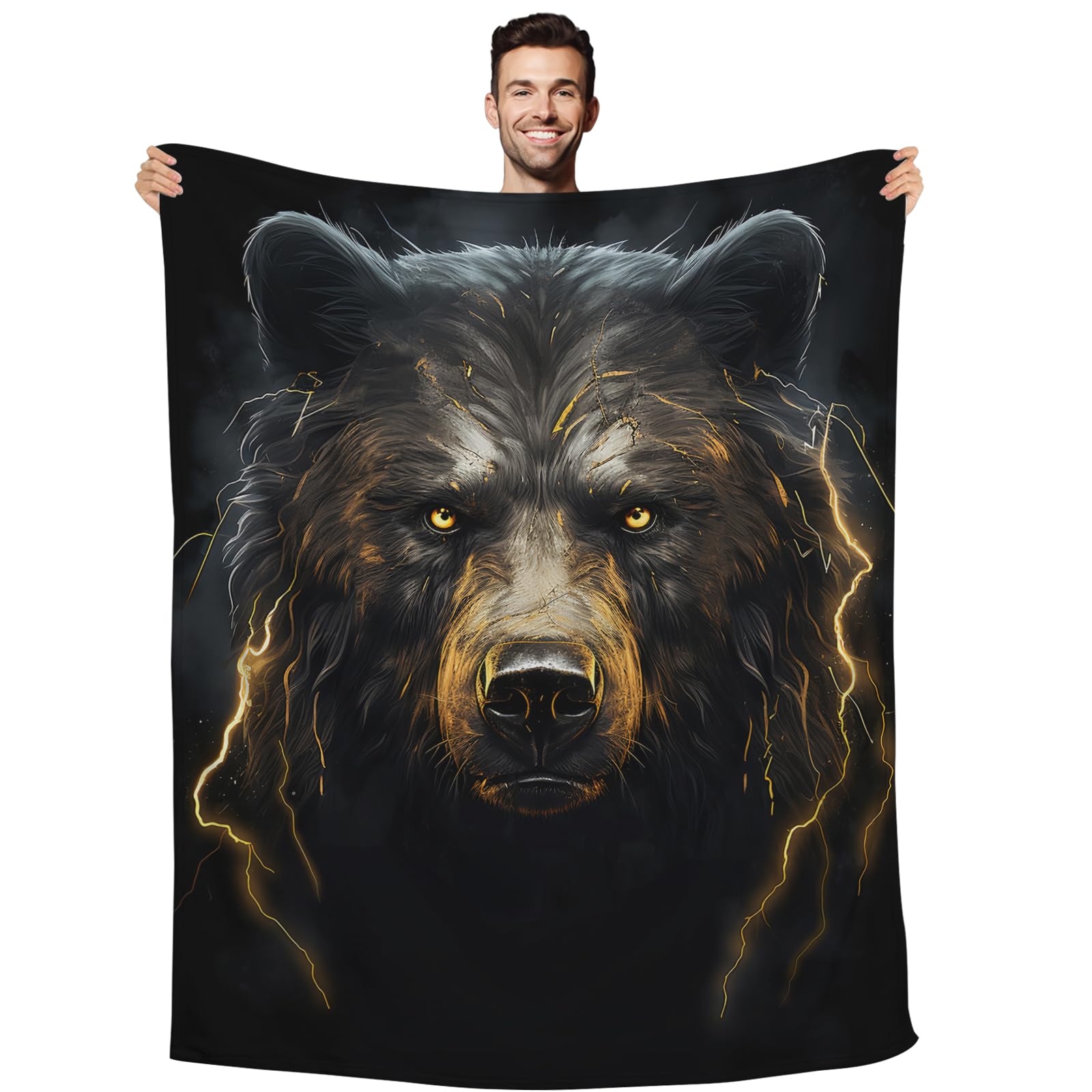 Huke Bear Gifts Blanket, Cool Black Gold Fire Lightning Bear Blanket, Bear Gifts for Adults/Kids/Students, Cool Animal Print Throw Blanket, Plush Bear Throw Blanket,60"X50"