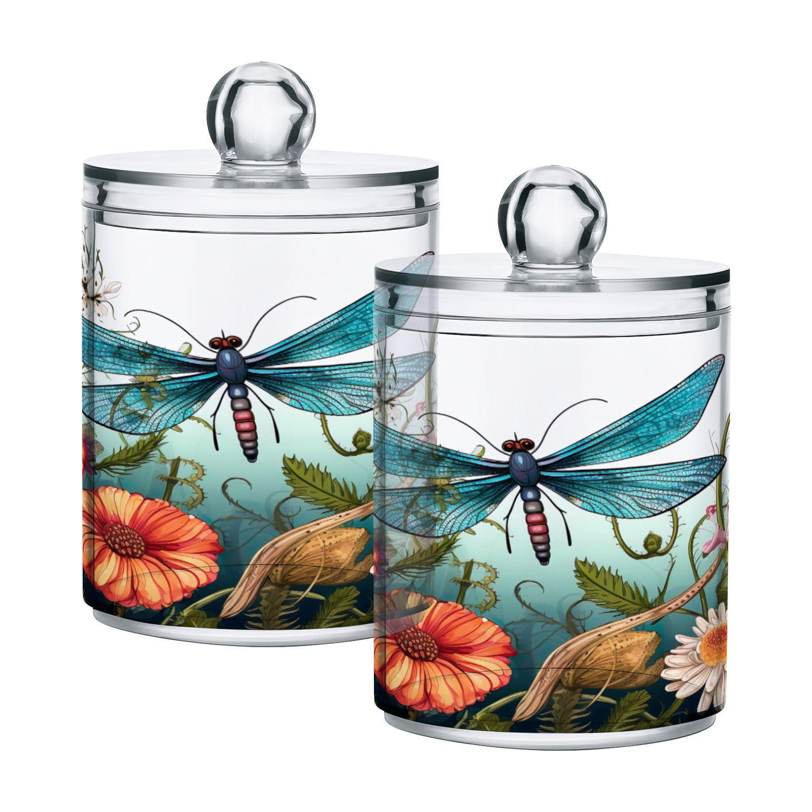 2 Pack Qtip Holder Dispenser with Lids, Dragonfly Flowers Floral Plastic Storage Containers,Bathroom Canisters Organizer for Cotton Ball, Cotton Swab, Cotton Round Pads, Floss 21214450